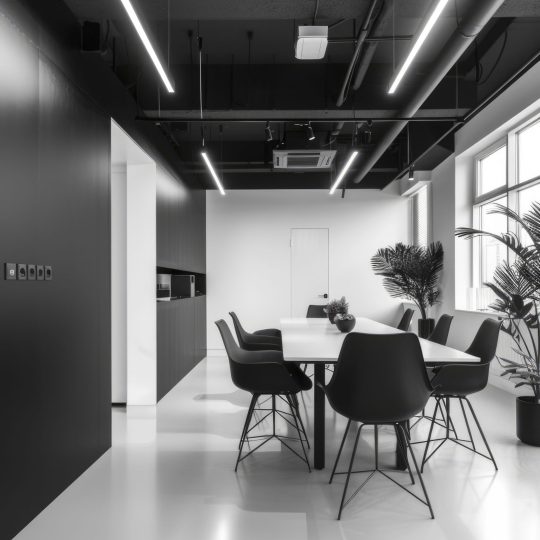 minimalistic office area, black and white --ar 2:3 --style raw --stylize 250 Job ID: a970647d-9ac4-489a-971e-e0341706e64b